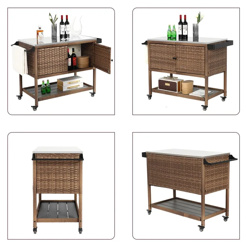 Outdoor Wicker Bar Cart with Wheels, Expandable Shelf, Rolling Rattan Beverage Bar Counter Table with Glass Top, 47" L x 20" W x 35" H, Brown