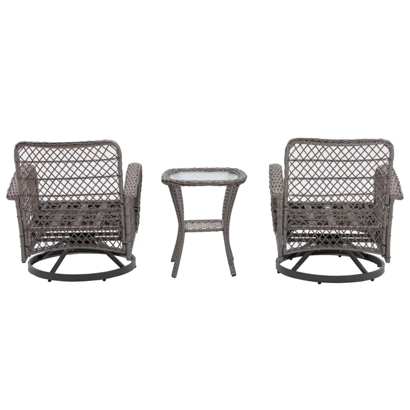 3-Piece Outdoor Swivel Rocker Patio Chairs Set with Tempered Glass Coffee Table, 360° Rocking Conversation Set with Thick Cushions, 29" L x 25" W x 34" H, Grey
