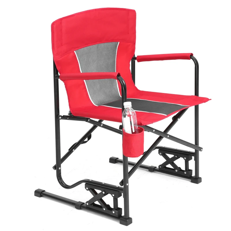 Outdoor Freestyle Rocker Camping Chair with Armrests and Backrest, Drink Holder, Portable Folding Rocking Chair, 24.5" L x 26" W x 37" H, Red