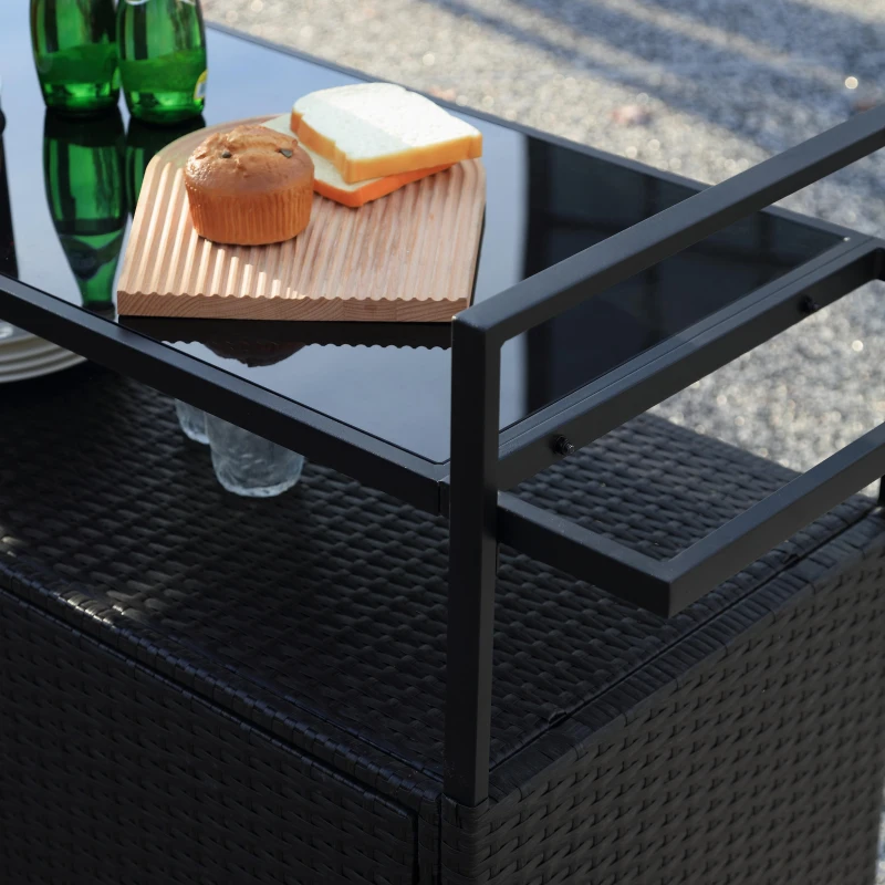 Outdoor Wicker Bar Cart with Glass Top and Wheels, Rolling Rattan Beverage Bar Counter Table for Porch, Backyard, Garden, Poolside Party, 51" L x 20" W x 35.5" H, Black