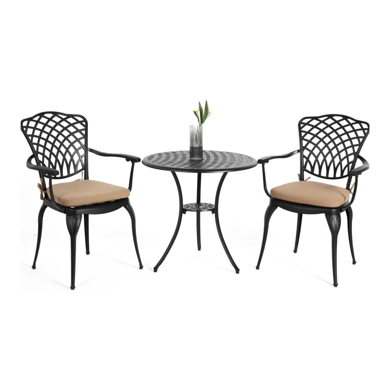 3-Piece Patio Bistro Set with Seat Cushions, Cast Aluminum Table and Chairs with Umbrella Hole, All-Weather Metal Furniture for Garden, Black