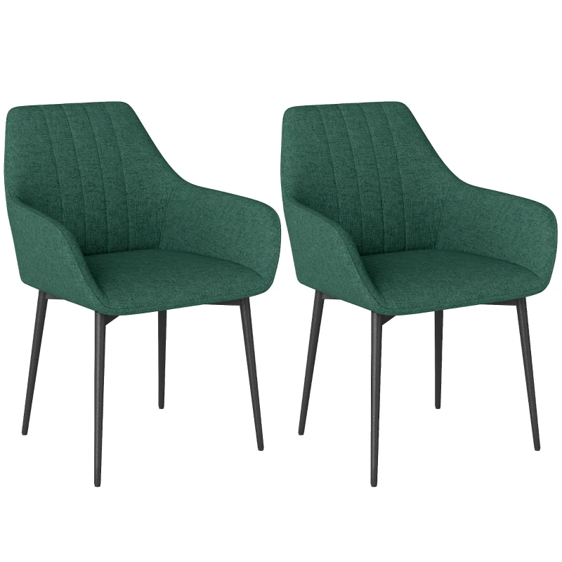 HOMCOM Dining Chairs Set of 2, Upholstered Linen Fabric Accent Chairs with Metal Legs, Dark Green
