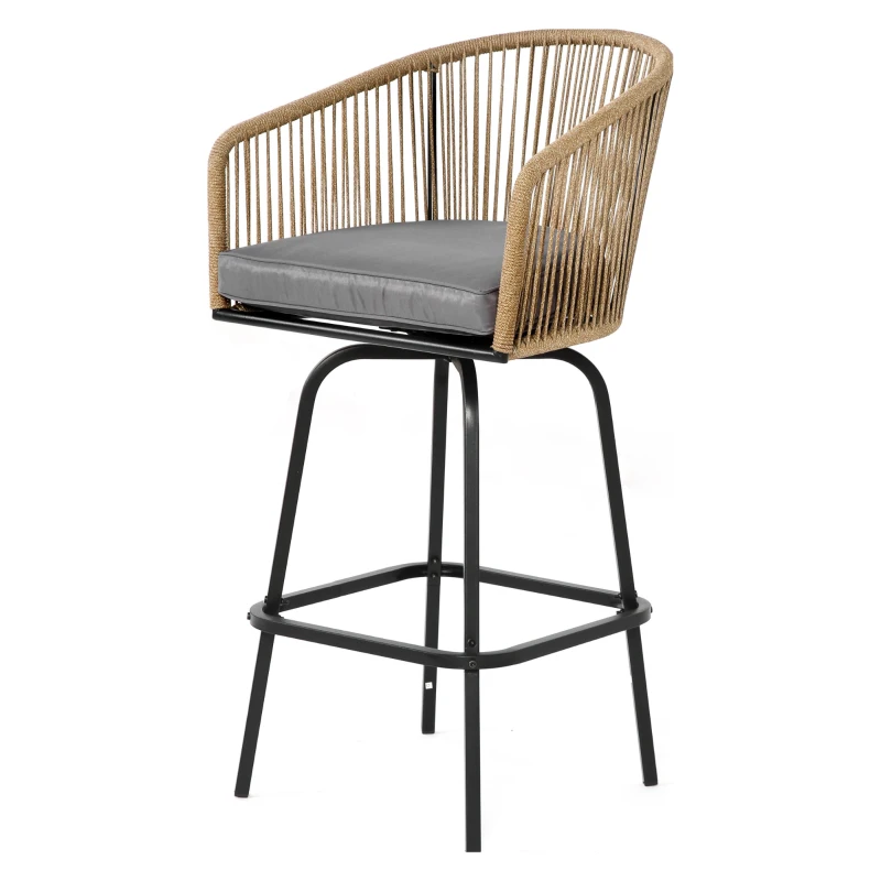 Set of 4 Outdoor Bar Stools with Armrests and Backrest, All Weather PE Rattan Bar Chairs with Steel Frame, 23" L x 17.5" W x 44" H, Gray