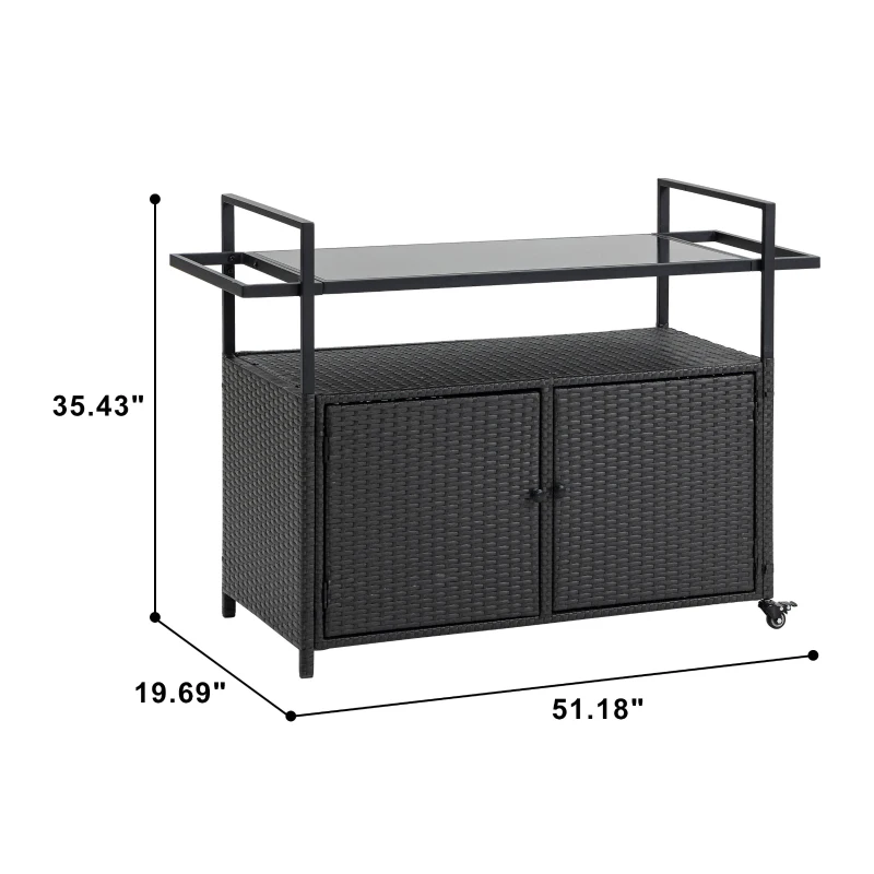 Outdoor Wicker Bar Cart with Glass Top and Wheels, Rolling Rattan Beverage Bar Counter Table for Porch, Backyard, Garden, Poolside Party, 51" L x 20" W x 35.5" H, Black