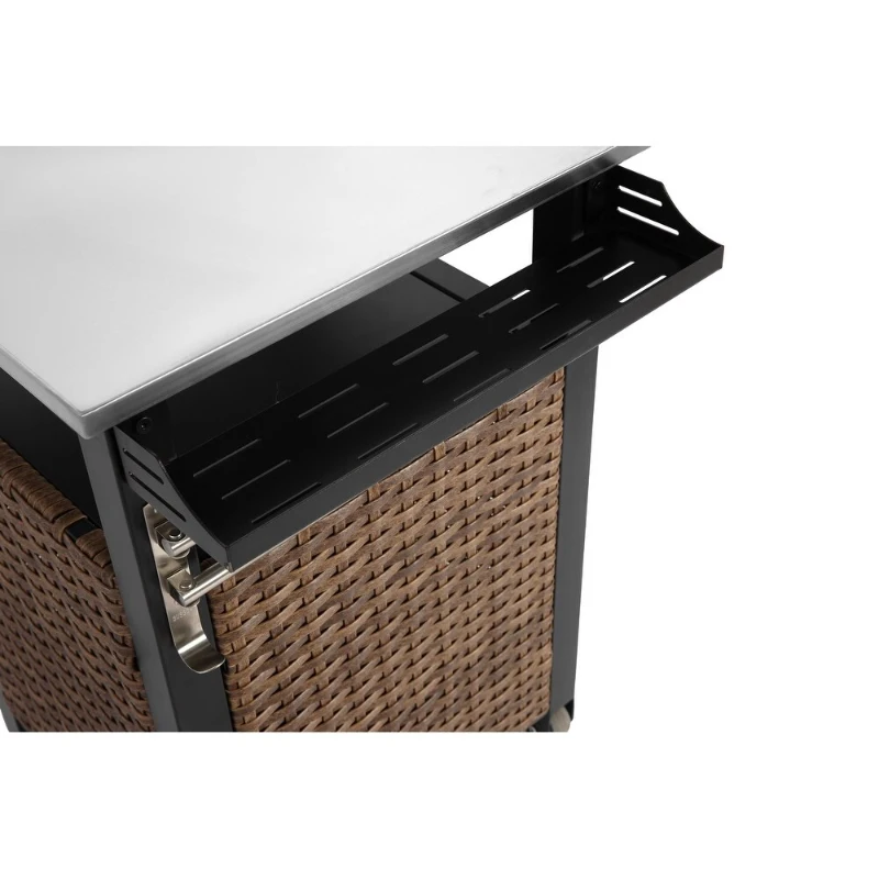 Outdoor Wicker Island Rolling Cart with Storage Cabinet, Expandable Shelf and Tabletop, Wine Glass Rack, 30" L x 22.5" W x 33.5" H, Brown