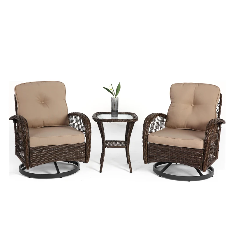 3-Piece Outdoor Swivel Rocker Patio Chairs Set with Thick Cushions, Glass Coffee Table, 360° Rocking Conversation Set with Steel Frame, Khaki