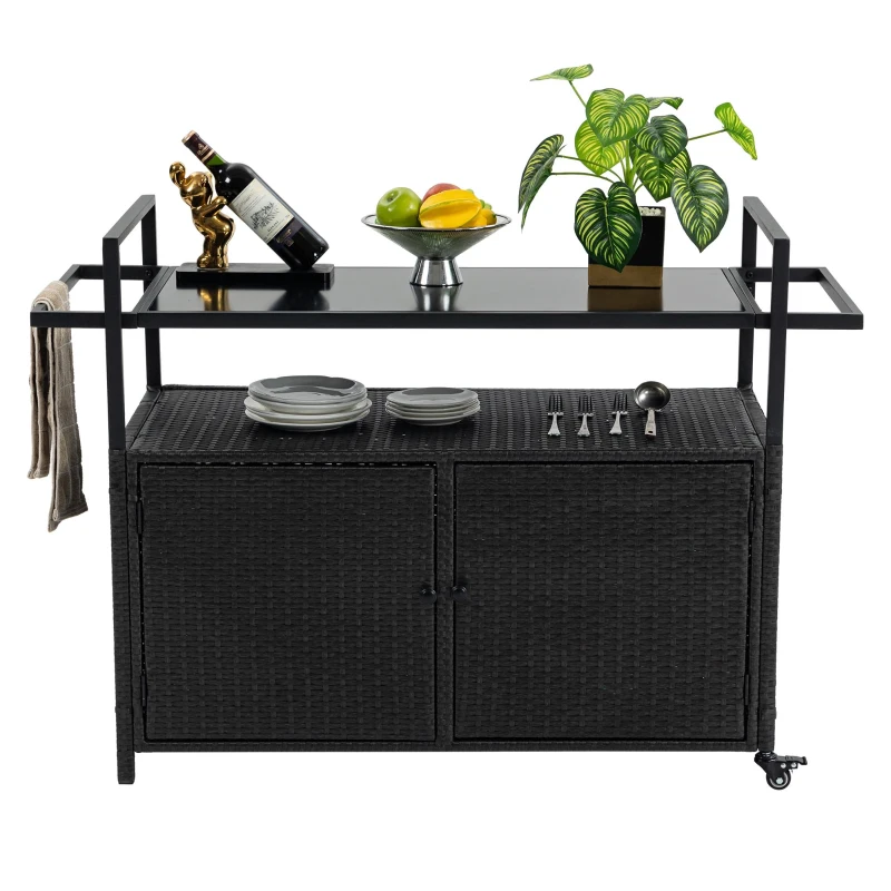 Outdoor Wicker Bar Cart with Glass Top and Wheels, Rolling Rattan Beverage Bar Counter Table for Porch, Backyard, Garden, Poolside Party, 51" L x 20" W x 35.5" H, Black