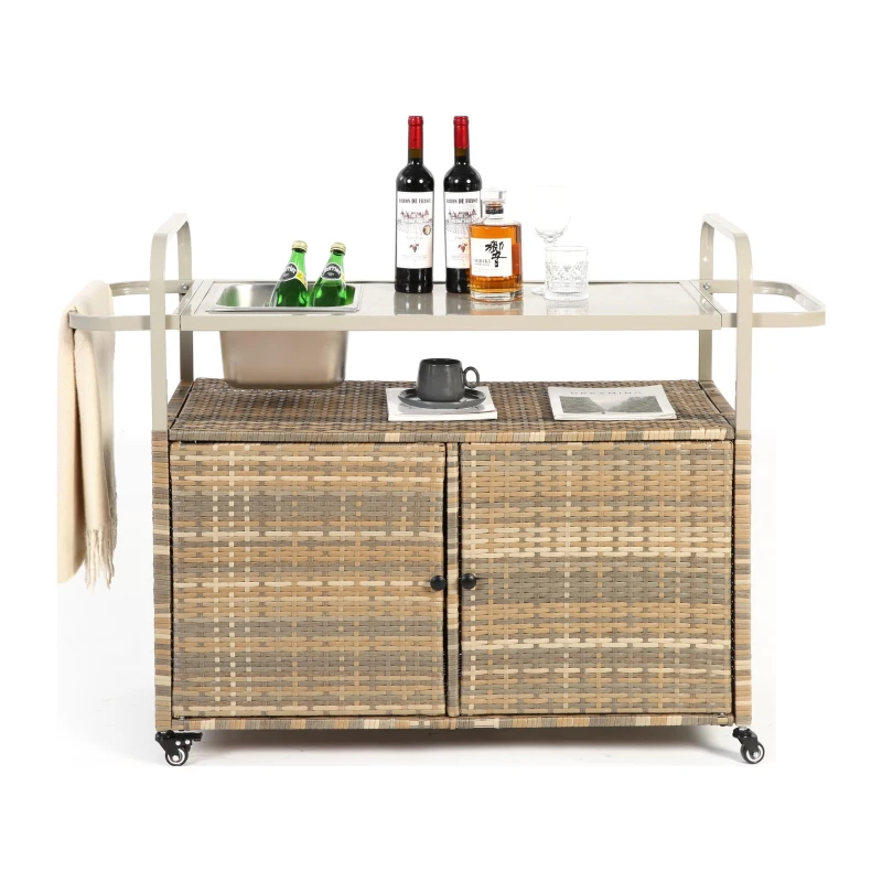 Outdoor Bar Table with Steel Top, Lockable Wheels, Side Basket, Wicker Bar Cart with Cabinet, Rounded Handle, 51.5" L x 19.5" W x 36" H, Beige