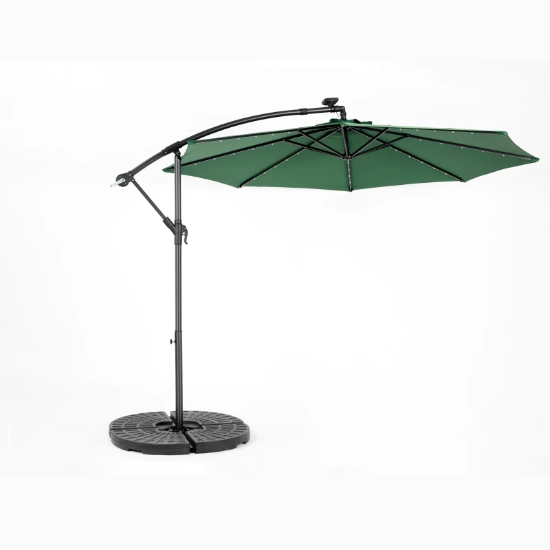 10ft Solar LED Offset Hanging Market Patio Umbrella with Easy Adjustment, Steel Frame, 8 Ribs, 116" L x 116" W x 98.5" H, Dark Green