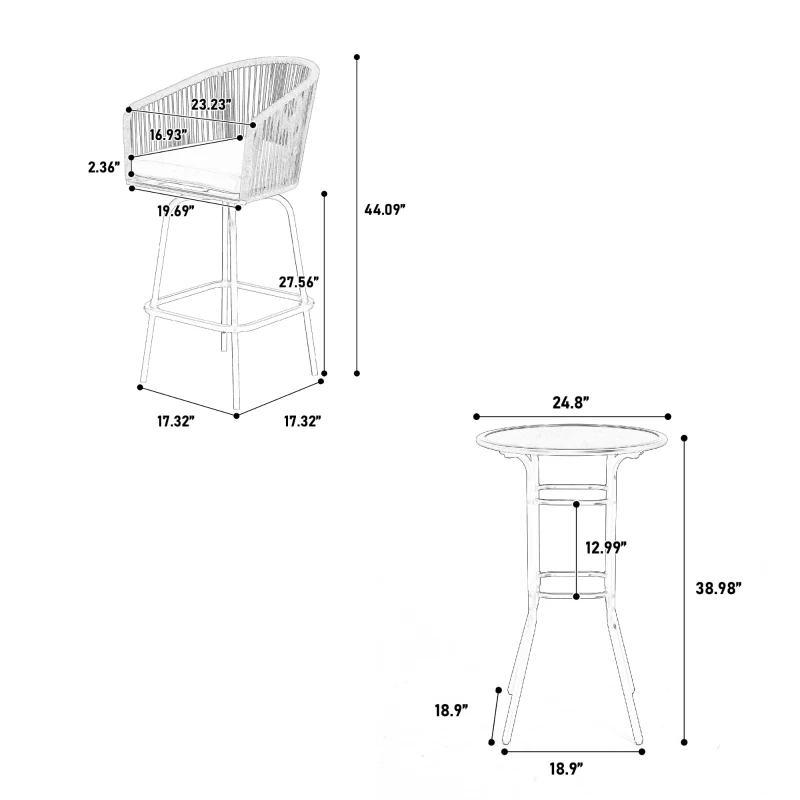 3-Piece Outdoor Bar Set with Ecoating Technology, Innovative Sling Fabric, Patio Bar Table and Swivel Chairs Set with DPC Wood-Like Table Top, Blue