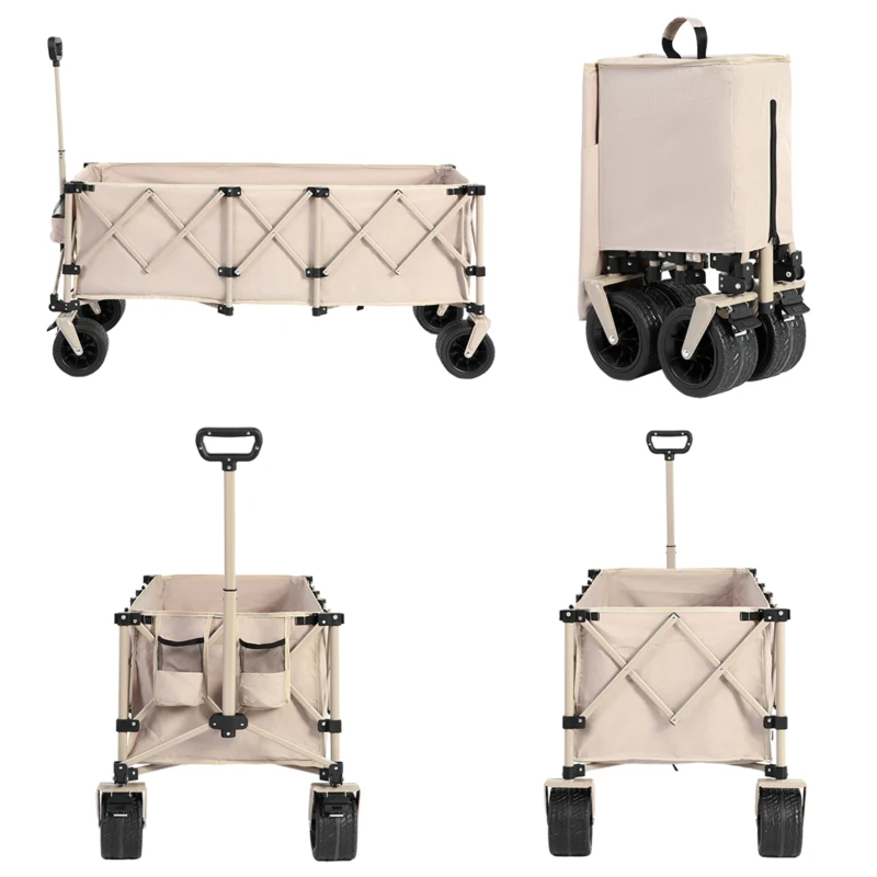Foldable Extended Wagon with Big All-Terrain Beach Wheels, Heavy Duty 300L Utility Cart with Drink Holders, 53.5" L x 21" W x 40.5" H, Beige