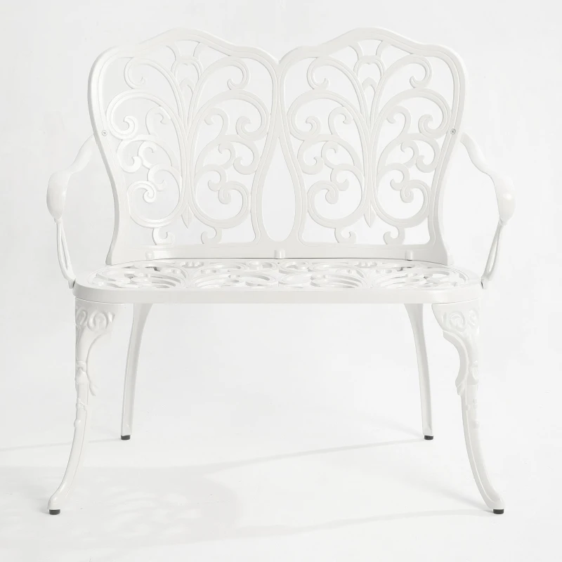 Waterproof and Rust-Proof Patio Garden Bench with Floral Rose Design, Cast Aluminum Outdoor Park Bench, 34.5" L x 22.5" W x 34.5" H, White