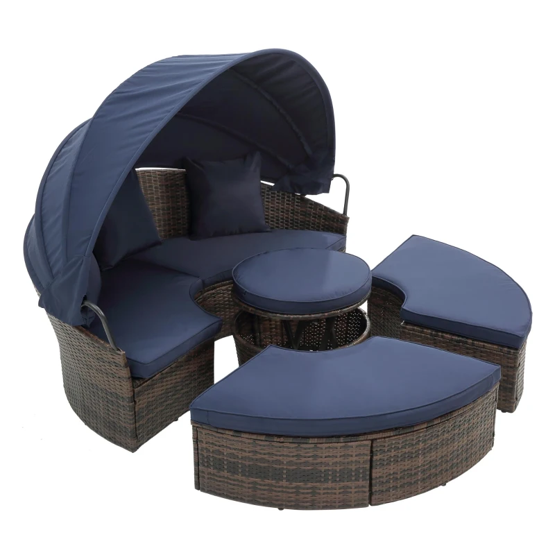 Round Outdoor Daybed with Retractable Canopy, Wicker Sofa Bed with Lift Coffee Table and Washable Cushions, 64" L x 64" W x 55" H, Navy Blue+Black