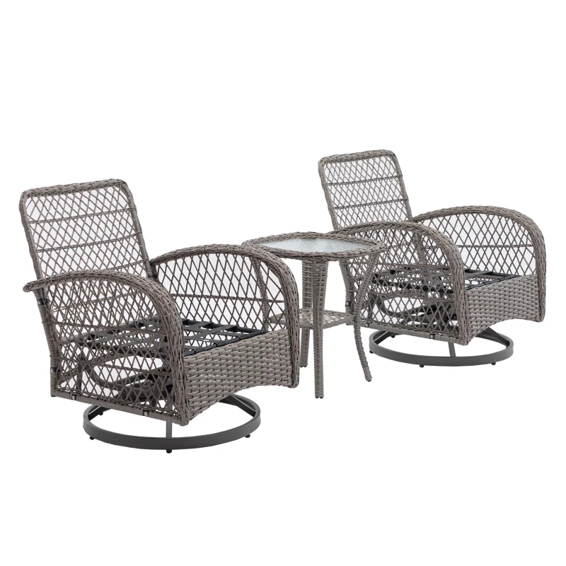 3-Piece Outdoor Swivel Rocker Patio Chairs Set with Tempered Glass Coffee Table, 360° Rocking Conversation Set with Thick Cushions, 29" L x 25" W x 34" H, Grey