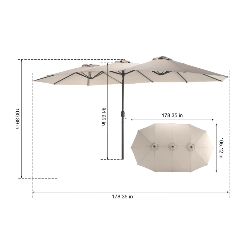 14.8 ft Double-Sided Outdoor Patio Umbrella with Convenient Crank System, Large Rectangular Design with Sturdy Steel Frame, 178.5" L x 105'' W x 100.5" H, khaki