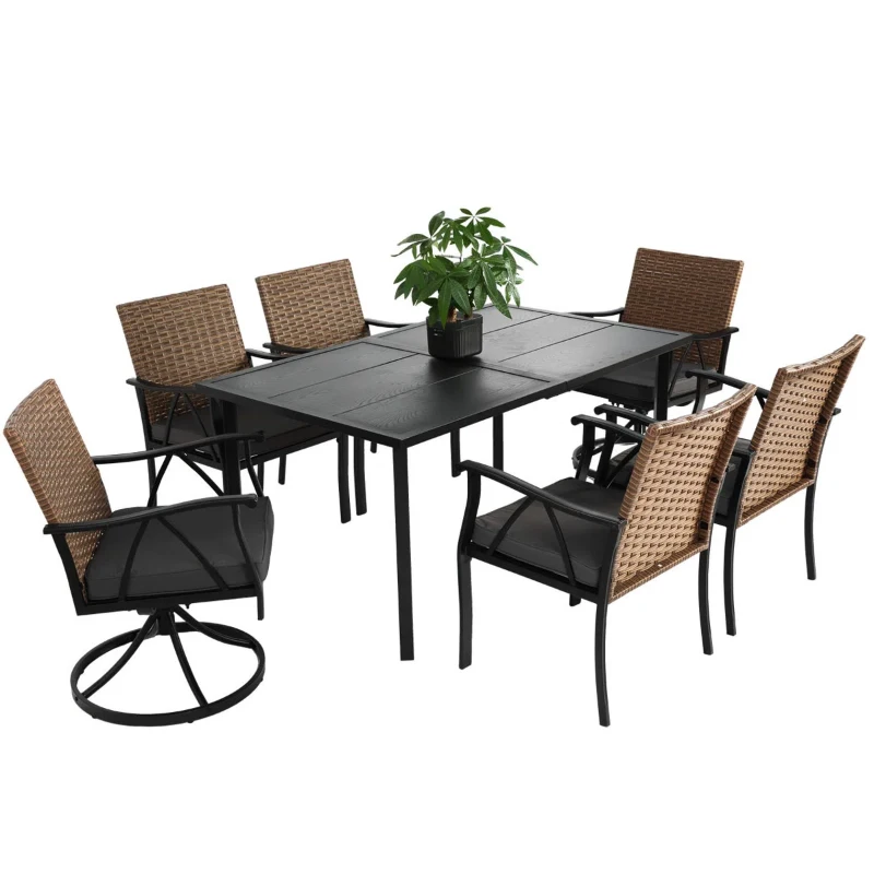 7-Piece Patio Dining Set with Swivel Rocker Chairs, Cushioned Seats, Steel Table Top with Umbrella Hole, Outdoor Wicker Furniture, Brown+Gray