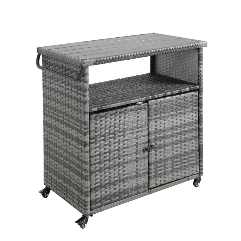 Outdoor Wicker Bar Cart with Wheels, Patio Wine Serving Cart, Rolling Rattan Beverage Bar Counter Table with Glass Top, 51" L x 20" W x 35" H, Aqua Gray