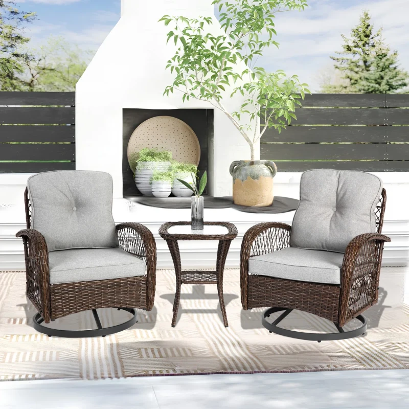 3-Piece Outdoor Swivel Rocker Patio Chairs Set with Cushions, Tempered Glass Table, 360° Rocking Conversation Set with Steel Frame, Grey