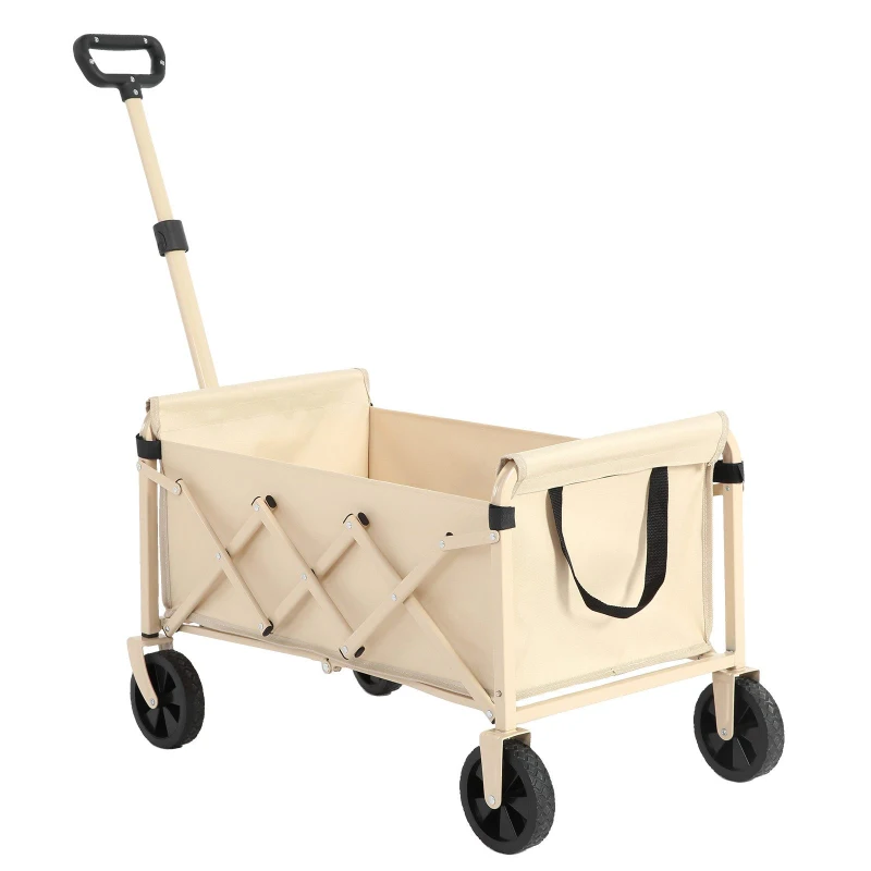 Lightweight Portable Heavy Duty Folding Beach Wagon with Wheels, Utility Cart with Automatic Rebound Handle, 26" L x 16" W x 17.5" H, Beige