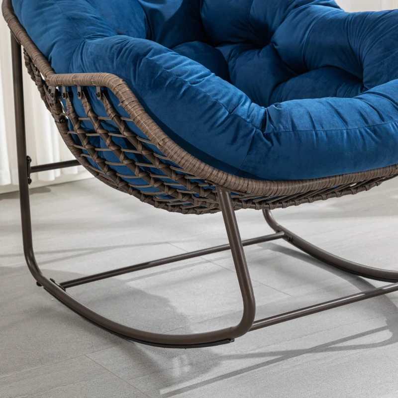 Outdoor Rattan Rocking Chair with Padded Cushion, Oversized Recliner for Porch, Patio, Garden, Steel Frame, 44" L x 37" W x 31.5" H, Navy Blue