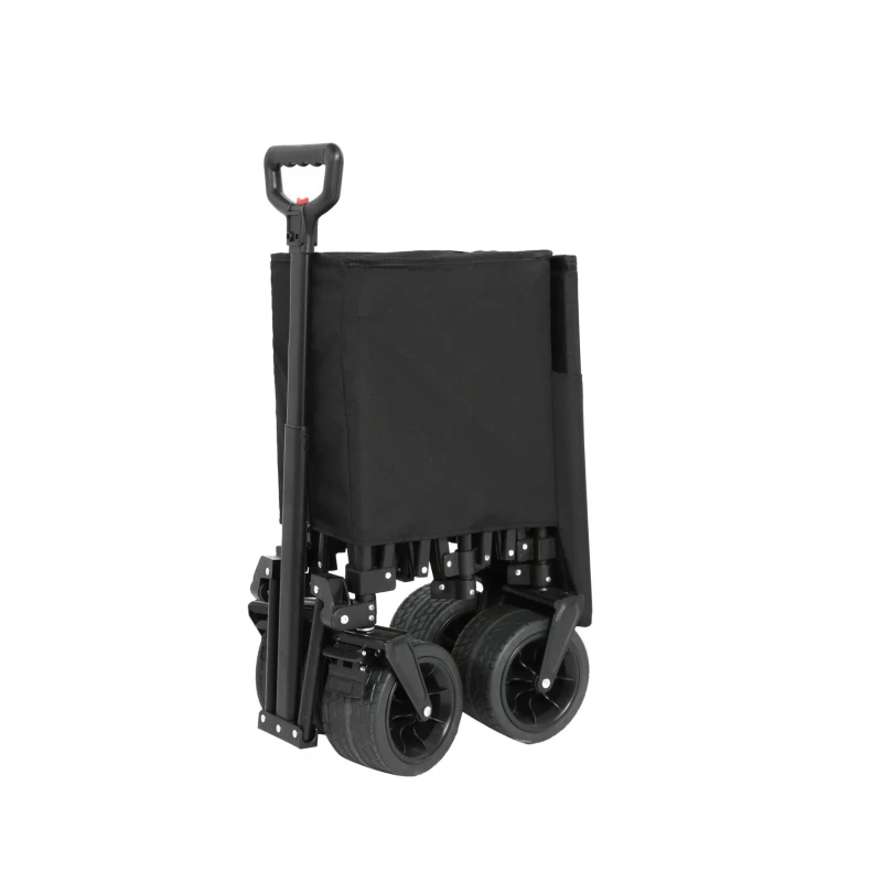 Collapsible Beach Wagon with All-Terrain Wheels, Heavy Duty 300L Folding Utility Garden Cart with Drink Holders, 43" L x 21" W x 32.5" H, Black