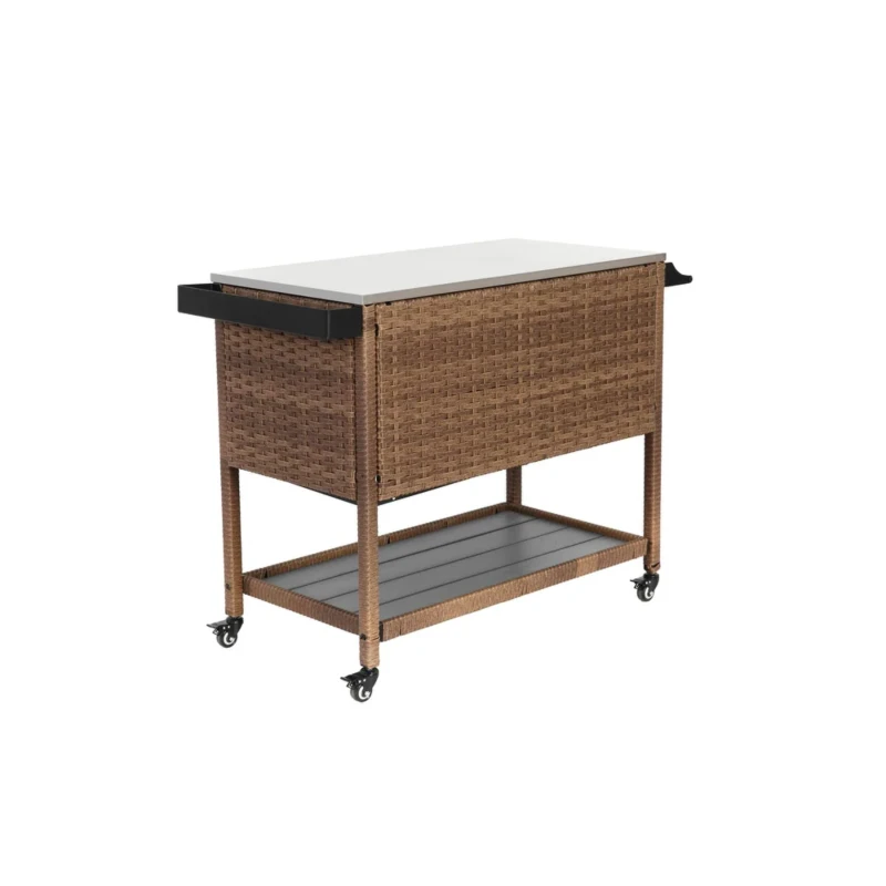 Outdoor Wicker Bar Cart with Wheels, Expandable Shelf, Rolling Rattan Beverage Bar Counter Table with Glass Top, 47" L x 20" W x 35" H, Brown