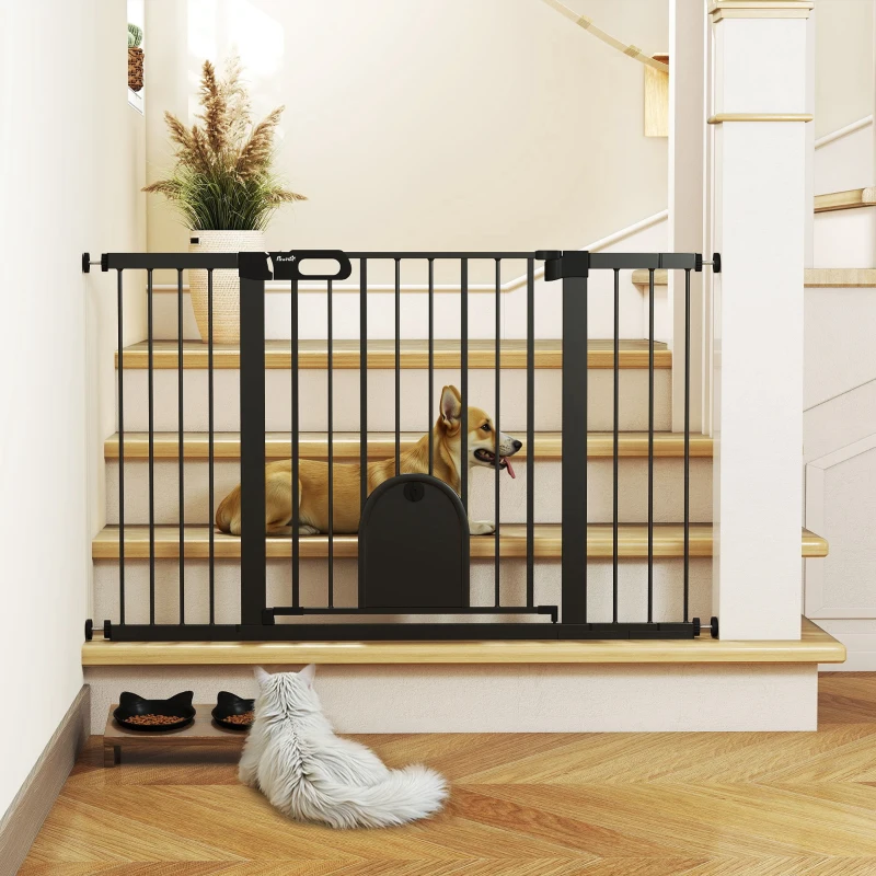 PawHut 30"-52" Extra Wide Pet Gate Barrier with Small Door, 30"H Dog Gate with Safety Gate Barrier, Stair Pressure Fit, Black
