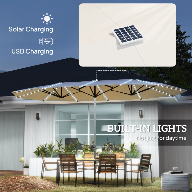 Outsunny 15ft Double-Sided Outdoor Umbrella with Solar Lights, UPF50+ Extra Large Aluminum Patio Umbrella with Crank, Cream White