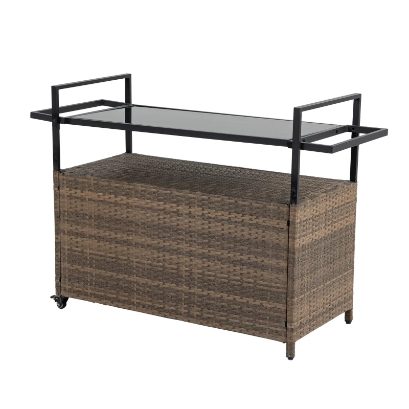 Outdoor Wicker Bar Cart with Wheels, Patio Wine Serving Cart with Glass Top and Storage Cabinet, 51" L x 20" W x 35.5" H, Light Brown