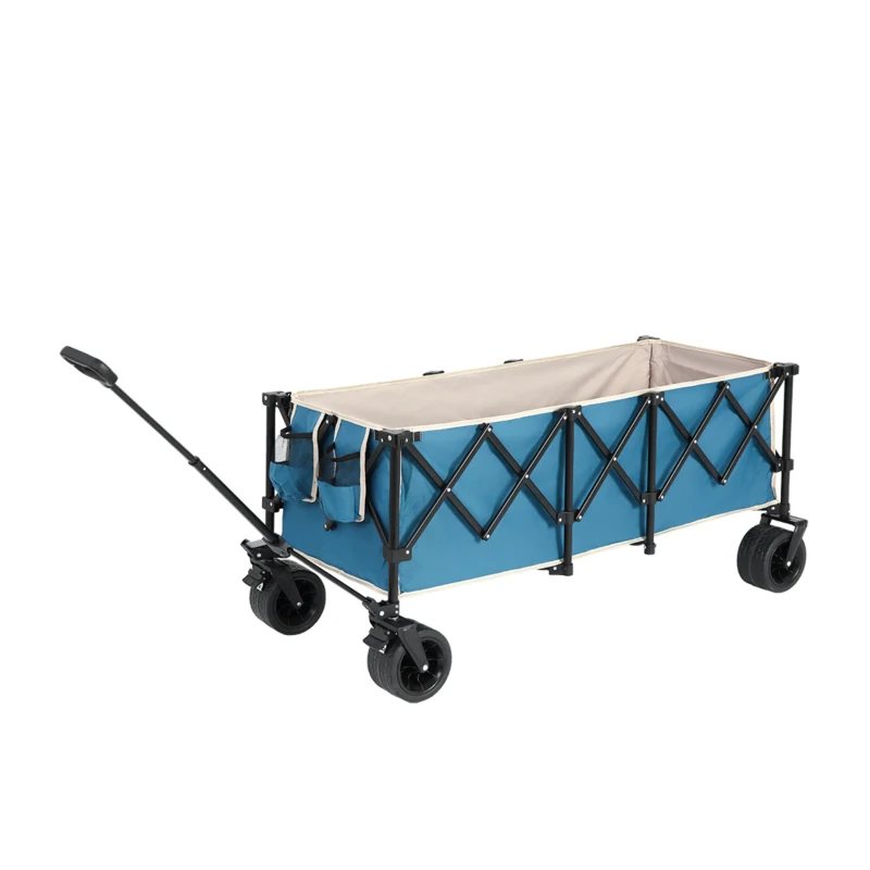 Foldable Extended Wagon with Big All-Terrain Beach Wheels, Folding Utility Garden Cart with Drink Holders, 53.5" L x 21" W x 40.5" H, Blue