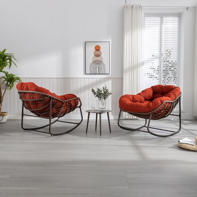 Outdoor Rattan Rocking Chair with Padded Cushion, Hand-Woven Recliner, Ergonomic Design, Steel Frame, 44" L x 37" W x 31.5" H, Orange