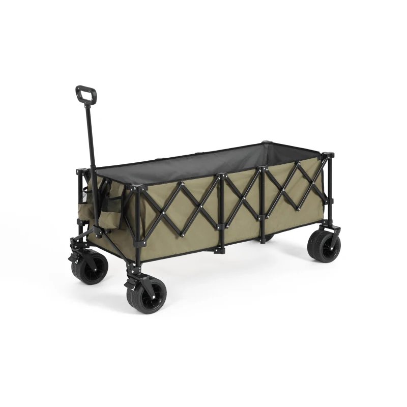 Foldable Extended Wagon with All-Terrain Wheels, Drink Holders, Heavy Duty 300L Folding Utility Cart, 53.5" L x 21" W x 40.5" H, Army Green