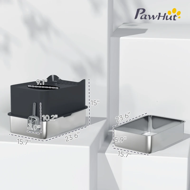 PawHut Extra Large Stainless Steel Litter Box, Enclosed Cat Litter Box with Scoop, Top Entrance, Non-slip Pads, Black