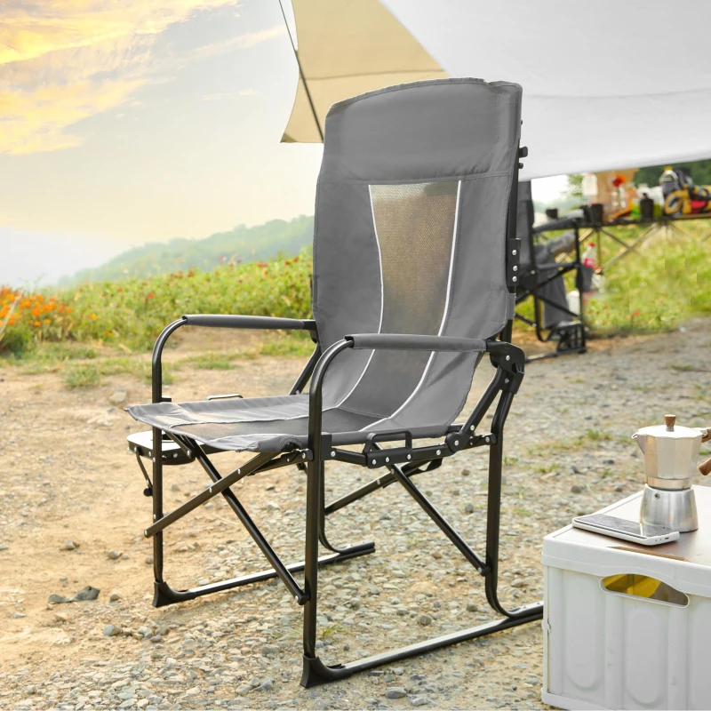 Camping Director's Chair with Side Table and Pocket, Steel Frame, Heavy Duty Oversized Portable Folding Chair, 25" L x 27.5" W x 43.5" H, Gray