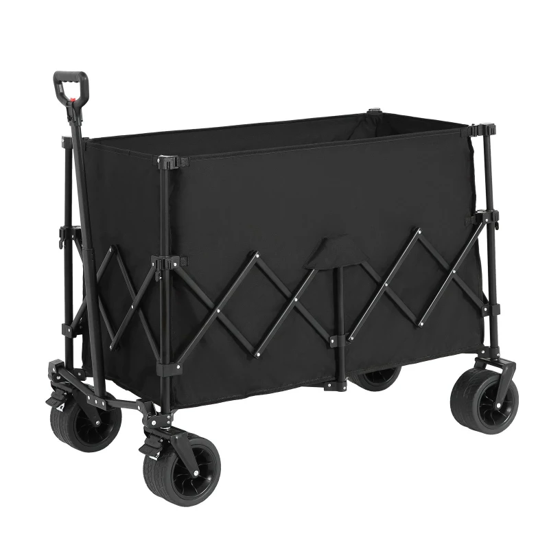 Collapsible Beach Wagon with All-Terrain Wheels, Heavy Duty 300L Folding Utility Garden Cart with Drink Holders, 43" L x 21" W x 32.5" H, Black