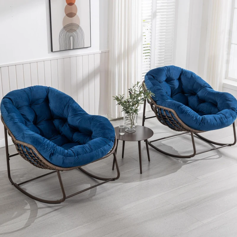 Outdoor Rattan Rocking Chair with Padded Cushion, Oversized Recliner for Porch, Patio, Garden, Steel Frame, 44" L x 37" W x 31.5" H, Navy Blue