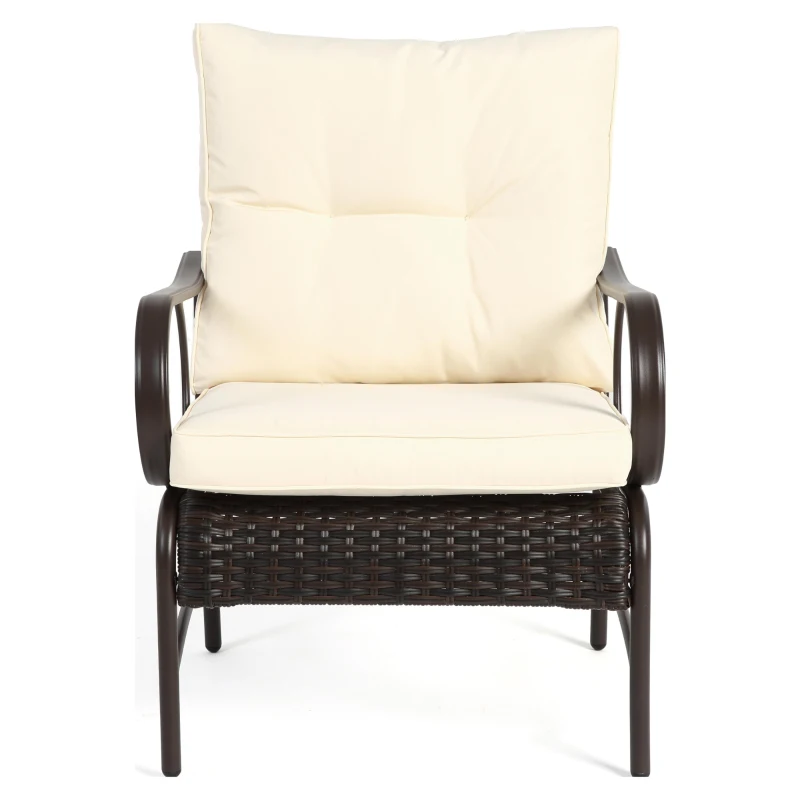 3-Piece Patio Set with Rust-Proof Steel Frame, Cushioned Seats, Outdoor Wicker Furniture with Rattan Chairs, Coffee Table, Brown+White