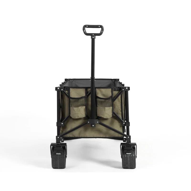 Foldable Extended Wagon with All-Terrain Wheels, Drink Holders, Heavy Duty 300L Folding Utility Cart, 53.5" L x 21" W x 40.5" H, Army Green