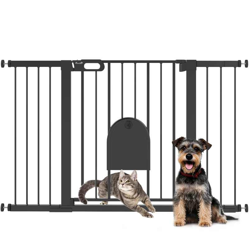 PawHut 30"-52" Extra Wide Pet Gate Barrier with Small Door, 30"H Dog Gate with Safety Gate Barrier, Stair Pressure Fit, Black