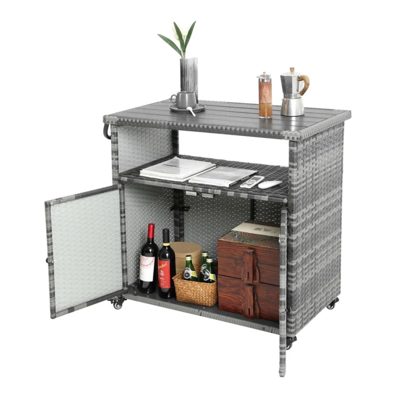 Outdoor Wicker Bar Cart with Wheels, Patio Wine Serving Cart, Rolling Rattan Beverage Bar Counter Table with Glass Top, 51" L x 20" W x 35" H, Aqua Gray