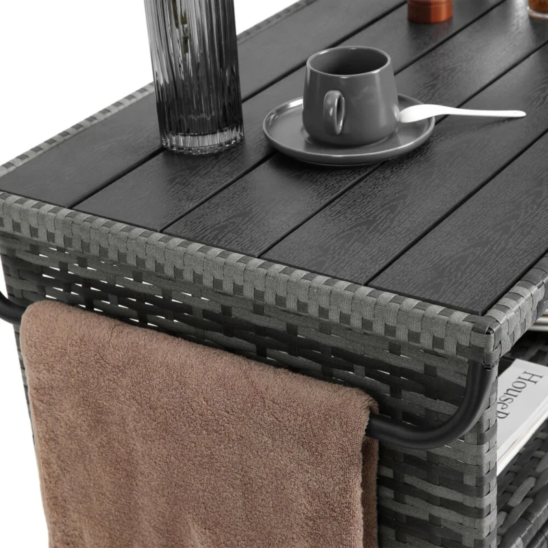 Outdoor Wicker Bar Cart with Wheels, Patio Wine Serving Cart, Rolling Rattan Beverage Bar Counter Table with Glass Top, 51" L x 20" W x 35" H, Aqua Gray