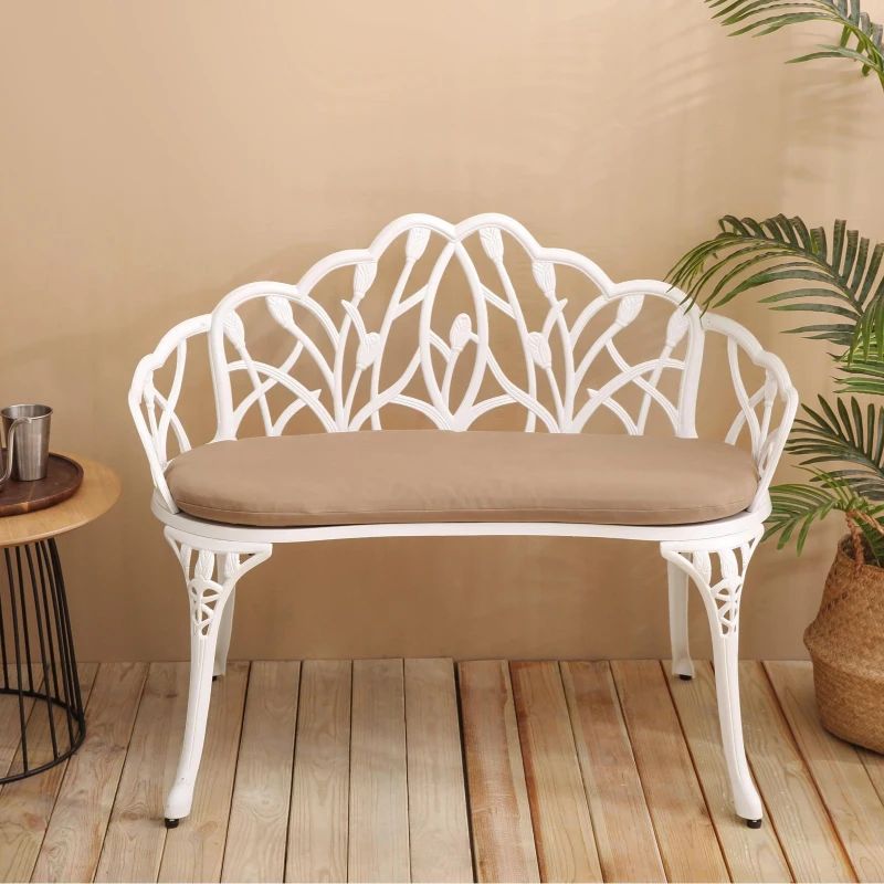Patio Garden Bench with Floral Tulip Design, Cushion, Ergonomic Outdoor Park Bench with Cast Aluminum Frame, 39" L x 21.5" W x 31" H, White