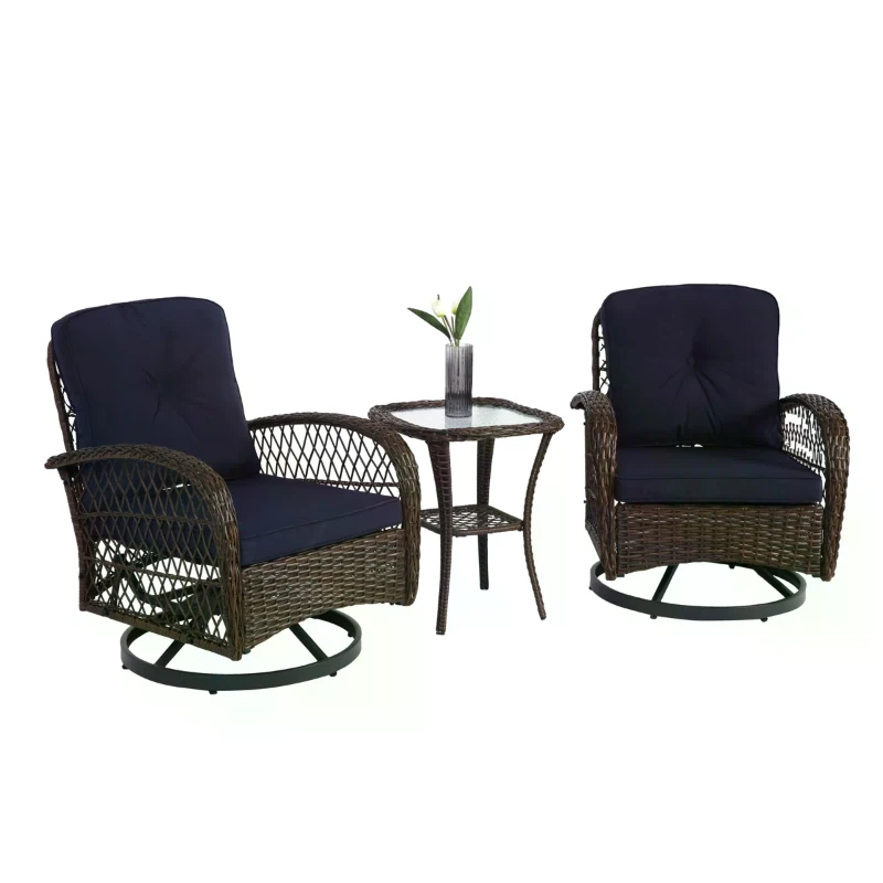 3-Piece Outdoor Swivel Rocker Patio Chairs Set with Cushions, Tempered Glass Table, 360° Rocking Conversation Set with Steel Frame, Navy Blue