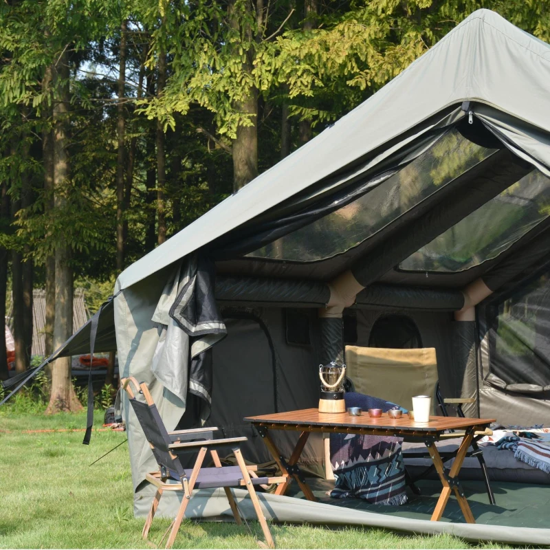 Inflatable Camping Tent with Hand Pump, Mesh and Chimney Window, Windproof Oxford Cabin Tent, 157.5" L x 118" W x 79" H, Army Green