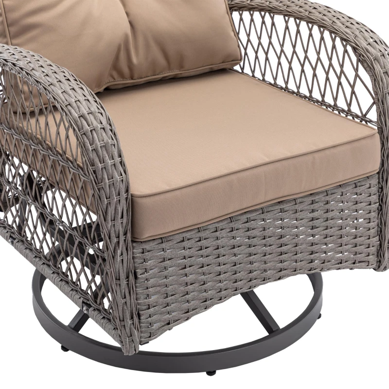3-Piece Outdoor Swivel Rocker Patio Chairs Set with Tempered Glass Coffee Table, 360° Rocking Conversation Set with Thick Cushions, 29" L x 25" W x 34" H, khaki