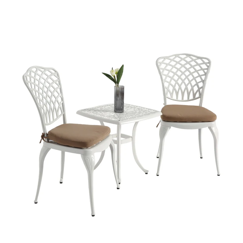 3-Piece Bistro Set with Cushions, Includes 2 Chairs and 1 Round Table, Rustproof Cast Aluminum Patio Furniture for Garden, Patio, Balcony, White