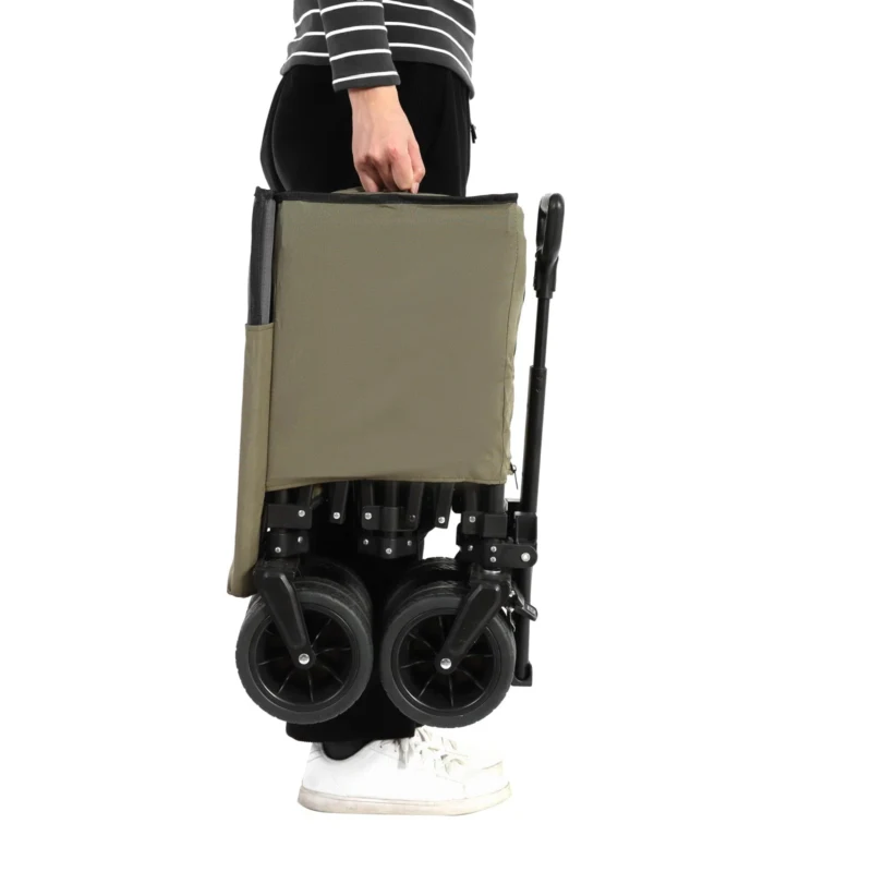 Collapsible Beach Wagon with All-Terrain Wheels, Quick Setup and Folding Utility Cart with Drink Holders, 43" L x 21" W x 32.5" H, Army Green