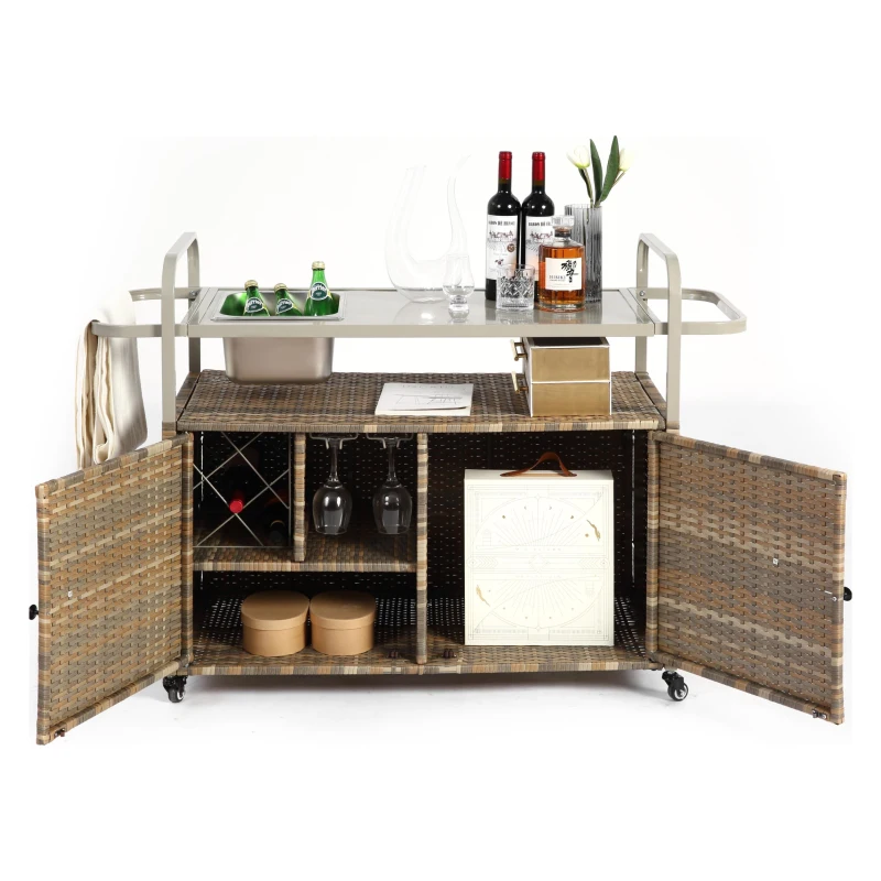 Outdoor Bar Table with Steel Top, Lockable Wheels, Side Basket, Wicker Bar Cart with Cabinet, Rounded Handle, 51.5" L x 19.5" W x 36" H, Beige