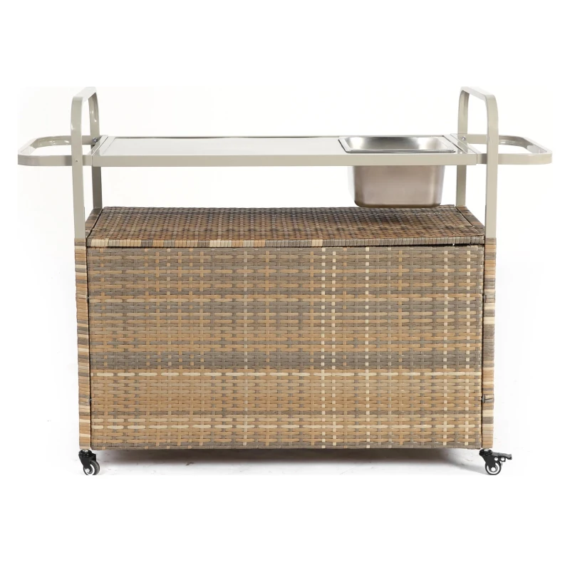 Outdoor Bar Table with Steel Top, Lockable Wheels, Side Basket, Wicker Bar Cart with Cabinet, Rounded Handle, 51.5" L x 19.5" W x 36" H, Beige