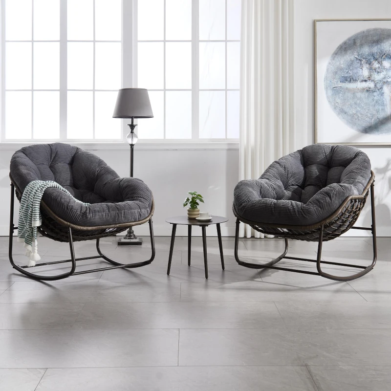 Oversized Outdoor Rattan Rocking Chair with Padded Cushion, Steel Frame, Ergonomic Hand-Woven Recliner, 44" L x 37" W x 31.5" H, Gray